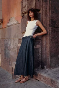 High-waist Asymmetric Slit A-line Denim Midi Skirt For Women