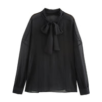 European And American Fall Women's Clothing New Loose Black Bow Collar Long Sleeve Shirt