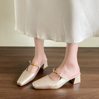Square Toed MULler Shoes With Toe Caps, Cool Slippers, Women's Thick Heels, High Heels, Half Drag Single Shoes