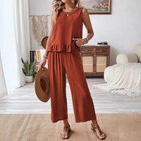 Solid-color Sleeveless Top And Capri Pants Set Womens Clothing