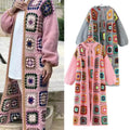 Women's Color Plaid Round Neck Long Sweater Coat