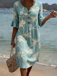 Resort Style V Neck Printed Loose Fitting Mid Sleeve Dress