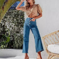Retro Loose Straight Single Row Ornament High Waist Wide Leg Women's Jeans