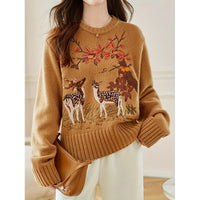 Loose Fit Short Sleeve Sweater Embroidered Deer Plum
