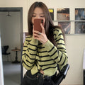 Green Striped Sweater Open Autumn Inner Wear Blouse Long Sleeve Cardigan Retro Cropped Sweater Coat Women