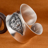 Womens Wide Stylish Open Bangle In Brushed Pure Silver With A Vintage Look