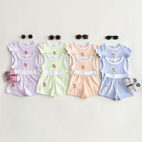Peach Embroidery Casual Vest Short-sleeved Shorts Three-piece Set