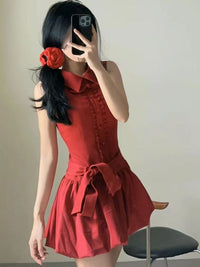 Elegant Red Shirt-bloom Dress For Women