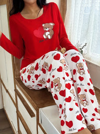 Womens Crew-Neck Bear And Heart Print Long-Sleeve Pajama Set With Long Pants