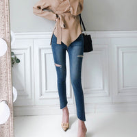 Temperament Ripped Trousers Pencil Pants Skinny Low Waist Jeans