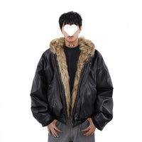 Mens Winter Fleece-Lined Thickened Reversible Leather-and-Fur Jacket