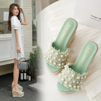 Hemp Rope Rhinestone Sponge Cake One-line Slippers For Women