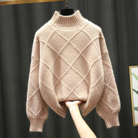 Turtleneck Pullover Diamond All-match Solid Color Loose Sweater