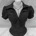 V-neck Pleated Sexy Women's Slim-fit Short-sleeved Shirt