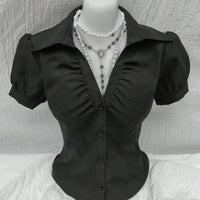 V-neck Pleated Sexy Women's Slim-fit Short-sleeved Shirt