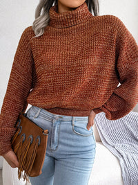 Women Mixed Color Lantern Sleeve Turtleneck Knit Sweater