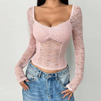 European And American Women's V-neck Long Sleeves Cropped Lace Short Top