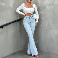 Women's Casual Versatile Mid-Waist Washed Solid Color Raw Hem Flare Jeans