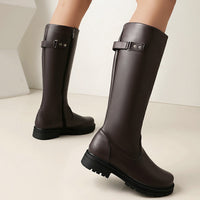 Womens Retro British-Style Leather Belt-Buckle Riding Boots