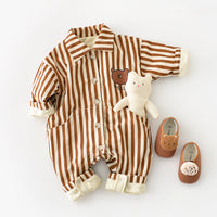 Bear Striped Lapel Thickened Long Crawl Jumpsuit
