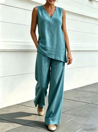 Womens V-neck Sleeveless Cotton-Linen Top And Wide-Leg Pants Set