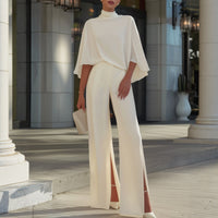 Womens Solid-Color Semi-High Neck Top And High-Waisted Wide-Leg Pants With Side Slits Outfit