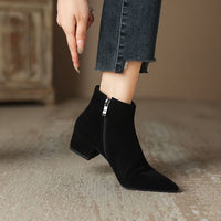 Women's Matte Suede Chunky-Heel Ankle Boots With Pointed Toe And Side Zipper