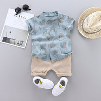 Boy's Fashion Single-breasted Stand Collar Short Sleeve Shirt Casual Pants Suit