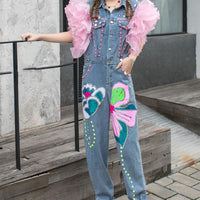 Sequin Flower Rhinestone With Mesh Flying Sleeve Denim Jumpsuit