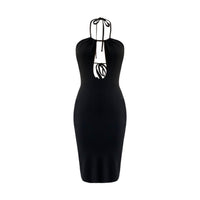Womens Solid-Color Backless Hollow-Out Halter Dress