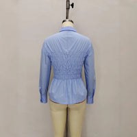 Notched-collar Top With Pleated Waist Long-sleeve Shirt For Women