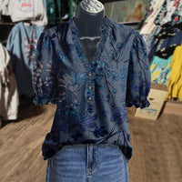 Printed Ruffle-Sleeve V-Neck Pullover Shirt