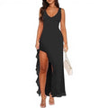 V-neck Hemline Dress Sleeveless Womens Clothing With A Letter-print Ruffled Trim