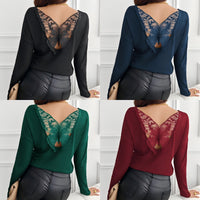 Women's Solid Color Back Stitching Pansy Rib Long-sleeved T-shirt
