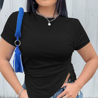 Simple Style Round Neck T-shirt Slim Fit Solid Color Top