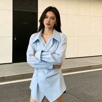 Women's Long-Sleeve Irregularly Shaped, Defined-Waistline Shirt With A Lapel Collar
