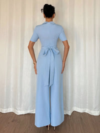 Women's Blue Off-shoulder Belted Slim-fit Jumpsuit