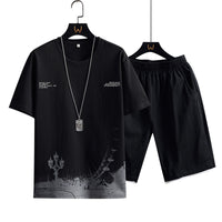 New Cotton Men's Casual Sports Loose Shorts Round Neck T-shirt Suit