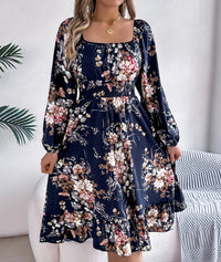 Women's Elegant Floral Print Square Neck Long Sleeve Tie Waist Ruffle A-Line Dress