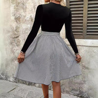 Striped Crew-Neck Long-Sleeve A-Line Skirt Summer New Arrival Lace-Up Elegant Dress