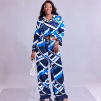 Long-sleeve Tie-neck Lapel Shirt And Wide-leg Pants Set