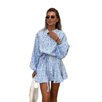 Womens Wear Floral Print Single-Breasted Lace-Up Slim-Fit Short Skirt Dress