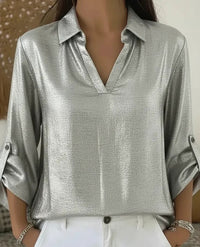 Loose-fit Womens Gold-foil V-neck T-shirt With Pocket