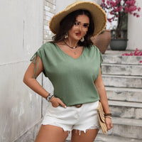 Womens V-neck Loose-fit Drawstring Short-sleeve Top