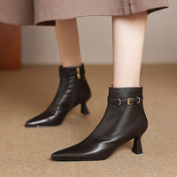 All-leather Fashion Boots Top-layer Sheepskin Stiletto Heel Pointed Toe Side Belt Buckle Chic Retro High Heels