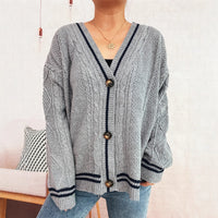 Street Arm Embroidery Knitted Coat V-collar Contrast Color Sweater