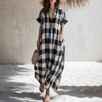 Plaid V-neck Long Cotton-Linen Dress