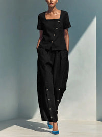 Womens Loose Short-Sleeve Top And High-Waist Pants Two-Piece Set