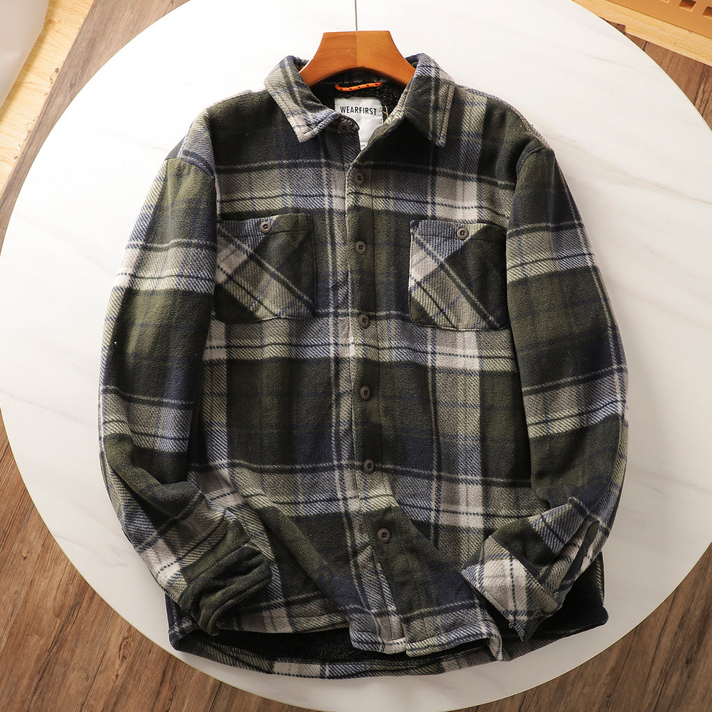 Autumn And Winter Fleece-lined Warm Composite Lambswool Plaid Shirt Cotton-padded Coat