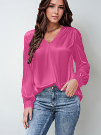 Satin Pleated Long-sleeved Top V-neck Casual Loose Shirt